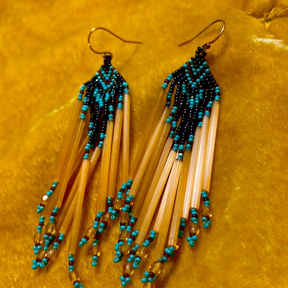 Blue and Golden Seed Beaded Long Fringe Dangle Earrings Handmade